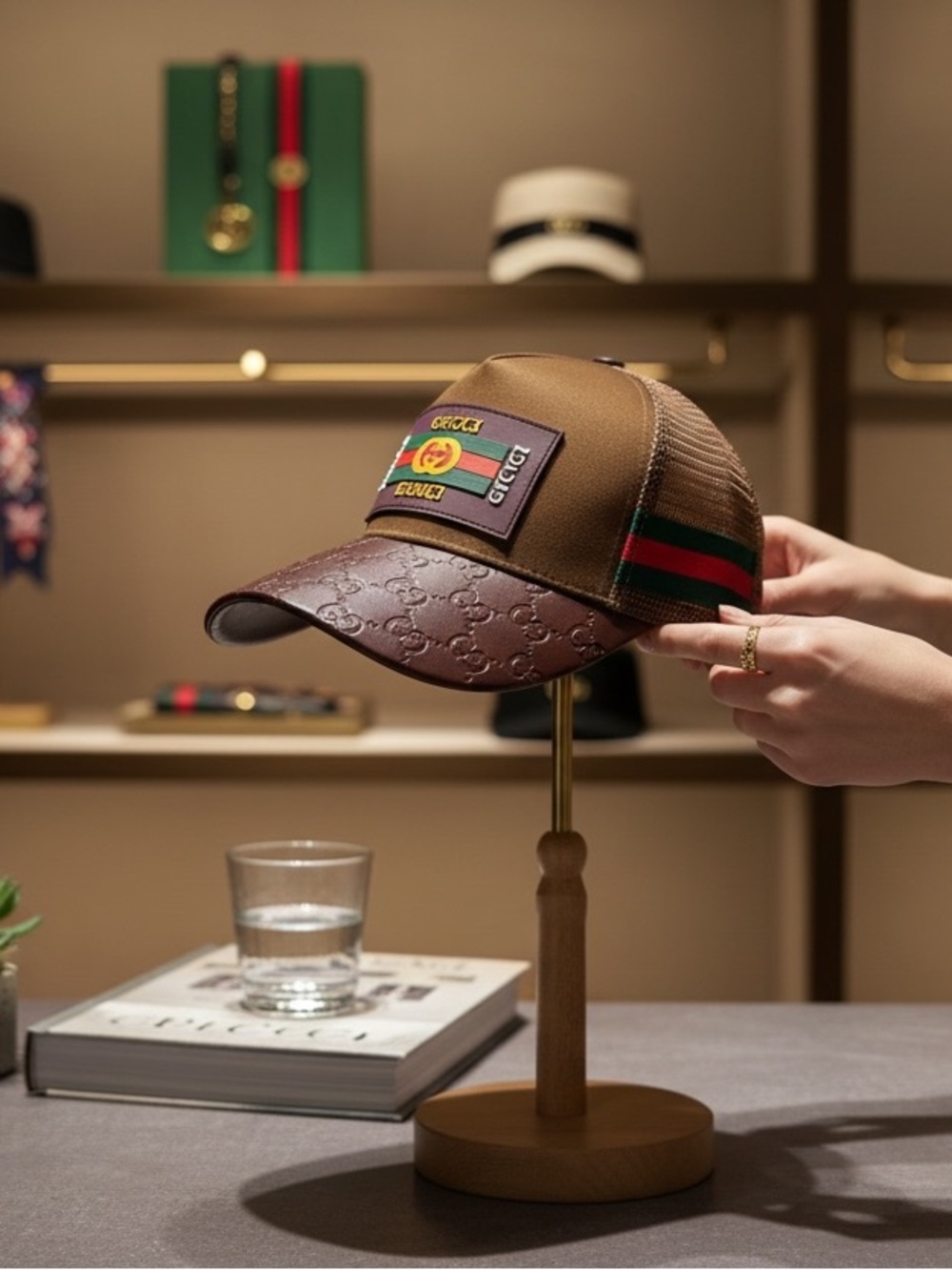 Designer,classic Brown Green Red Logo Patch Baseball Cap themed trucker hat New